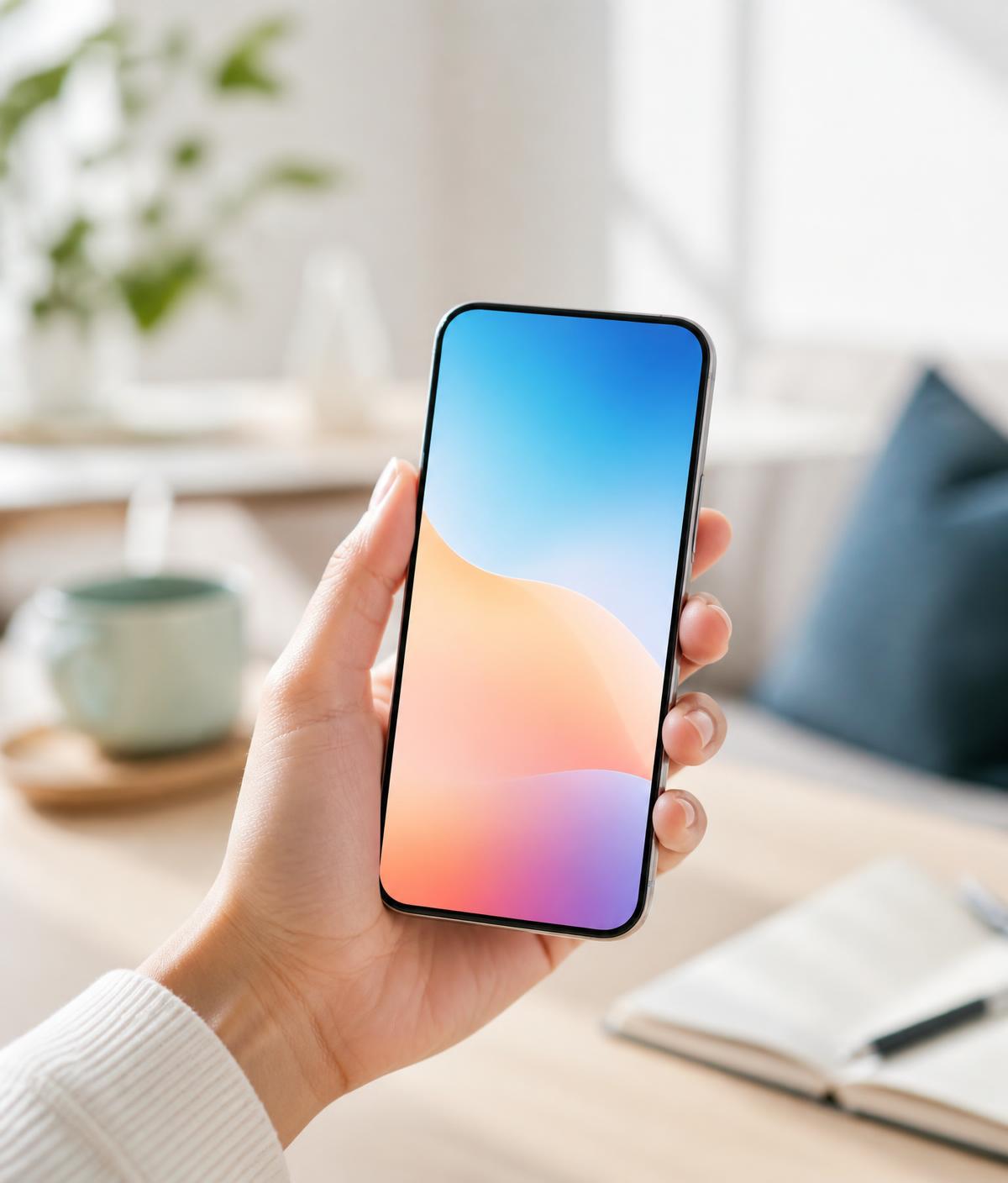 Smartphone tenu en main dans un intérieur lumineux